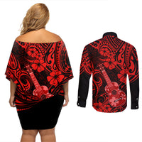 Hawaii Ukulele Couples Matching Off Shoulder Short Dress and Long Sleeve Button Shirts Polynesian Pattern Red Version LT01 - Polynesian Pride
