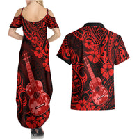 Hawaii Ukulele Couples Matching Summer Maxi Dress and Hawaiian Shirt Polynesian Pattern Red Version LT01 - Polynesian Pride