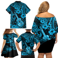 Hawaii Ukulele Family Matching Off Shoulder Short Dress and Hawaiian Shirt Polynesian Pattern Sky Blue Version LT01 - Polynesian Pride