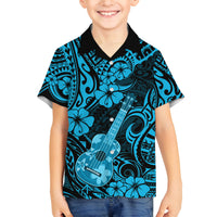 Hawaii Ukulele Family Matching Puletasi Dress and Hawaiian Shirt Polynesian Pattern Sky Blue Version LT01 Son's Shirt Blue - Polynesian Pride