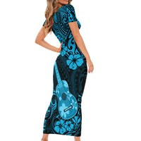Hawaii Ukulele Short Sleeve Bodycon Dress Polynesian Pattern Sky Blue Version LT01 - Polynesian Pride