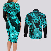 Hawaii Ukulele Couples Matching Long Sleeve Bodycon Dress and Long Sleeve Button Shirts Polynesian Pattern Turquoise Version LT01 - Polynesian Pride