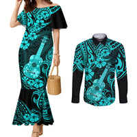 Hawaii Ukulele Couples Matching Mermaid Dress and Long Sleeve Button Shirts Polynesian Pattern Turquoise Version LT01 Turquoise - Polynesian Pride