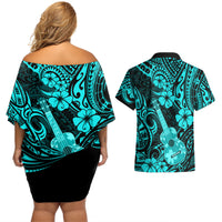 Hawaii Ukulele Couples Matching Off Shoulder Short Dress and Hawaiian Shirt Polynesian Pattern Turquoise Version LT01 - Polynesian Pride