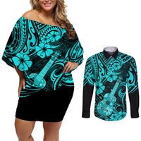 Hawaii Ukulele Couples Matching Off Shoulder Short Dress and Long Sleeve Button Shirts Polynesian Pattern Turquoise Version LT01 Turquoise - Polynesian Pride