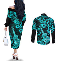 Hawaii Ukulele Couples Matching Off The Shoulder Long Sleeve Dress and Long Sleeve Button Shirts Polynesian Pattern Turquoise Version LT01 - Polynesian Pride