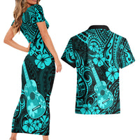Hawaii Ukulele Couples Matching Short Sleeve Bodycon Dress and Hawaiian Shirt Polynesian Pattern Turquoise Version LT01 - Polynesian Pride