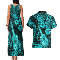 Hawaii Ukulele Couples Matching Tank Maxi Dress and Hawaiian Shirt Polynesian Pattern Turquoise Version LT01 - Polynesian Pride