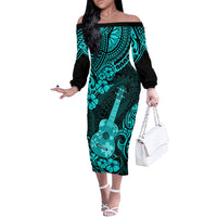 Hawaii Ukulele Off The Shoulder Long Sleeve Dress Polynesian Pattern Turquoise Version LT01 Women Turquoise - Polynesian Pride