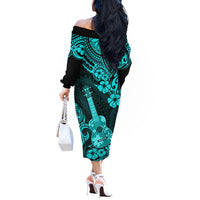 Hawaii Ukulele Off The Shoulder Long Sleeve Dress Polynesian Pattern Turquoise Version LT01 - Polynesian Pride