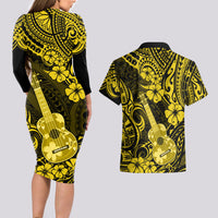 Hawaii Ukulele Couples Matching Long Sleeve Bodycon Dress and Hawaiian Shirt Polynesian Pattern Yellow Version LT01 - Polynesian Pride