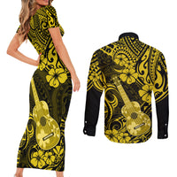 Hawaii Ukulele Couples Matching Short Sleeve Bodycon Dress and Long Sleeve Button Shirts Polynesian Pattern Yellow Version LT01 - Polynesian Pride