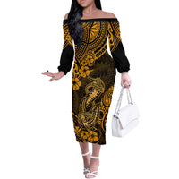 Hawaii Fish Hook Off The Shoulder Long Sleeve Dress Polynesian Pattern Gold Version LT01 Women Gold - Polynesian Pride