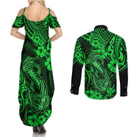 Hawaii Fish Hook Couples Matching Summer Maxi Dress and Long Sleeve Button Shirts Polynesian Pattern Green Version LT01 - Polynesian Pride