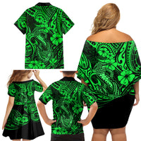 Hawaii Fish Hook Family Matching Off Shoulder Short Dress and Hawaiian Shirt Polynesian Pattern Green Version LT01 - Polynesian Pride
