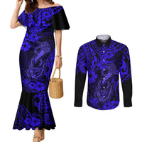 Hawaii Fish Hook Couples Matching Mermaid Dress and Long Sleeve Button Shirts Polynesian Pattern Navy Blue Version LT01 Blue - Polynesian Pride