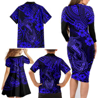 Hawaii Fish Hook Family Matching Long Sleeve Bodycon Dress and Hawaiian Shirt Polynesian Pattern Navy Blue Version LT01 - Polynesian Pride