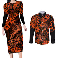 Hawaii Fish Hook Couples Matching Long Sleeve Bodycon Dress and Long Sleeve Button Shirts Polynesian Pattern Orange Version LT01 Orange - Polynesian Pride