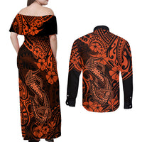 Hawaii Fish Hook Couples Matching Off Shoulder Maxi Dress and Long Sleeve Button Shirts Polynesian Pattern Orange Version LT01 - Polynesian Pride