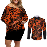 Hawaii Fish Hook Couples Matching Off Shoulder Short Dress and Long Sleeve Button Shirts Polynesian Pattern Orange Version LT01 Orange - Polynesian Pride