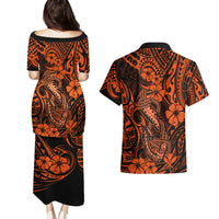 Hawaii Fish Hook Couples Matching Puletasi Dress and Hawaiian Shirt Polynesian Pattern Orange Version LT01 - Polynesian Pride