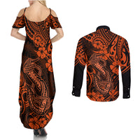 Hawaii Fish Hook Couples Matching Summer Maxi Dress and Long Sleeve Button Shirts Polynesian Pattern Orange Version LT01 - Polynesian Pride