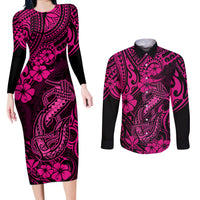 Hawaii Fish Hook Couples Matching Long Sleeve Bodycon Dress and Long Sleeve Button Shirts Hibiscus Hawaii Tribal Tattoo Pink Version LT01 Pink - Polynesian Pride