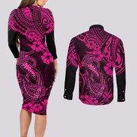 Hawaii Fish Hook Couples Matching Long Sleeve Bodycon Dress and Long Sleeve Button Shirts Hibiscus Hawaii Tribal Tattoo Pink Version LT01 - Polynesian Pride
