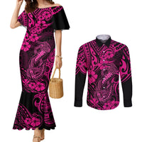 Hawaii Fish Hook Couples Matching Mermaid Dress and Long Sleeve Button Shirts Hibiscus Hawaii Tribal Tattoo Pink Version LT01 Pink - Polynesian Pride