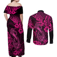 Hawaii Fish Hook Couples Matching Off Shoulder Maxi Dress and Long Sleeve Button Shirts Hibiscus Hawaii Tribal Tattoo Pink Version LT01 - Polynesian Pride