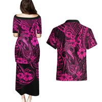 Hawaii Fish Hook Couples Matching Puletasi Dress and Hawaiian Shirt Hibiscus Hawaii Tribal Tattoo Pink Version LT01 - Polynesian Pride
