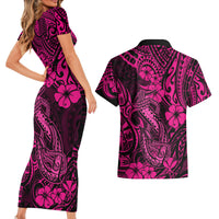 Hawaii Fish Hook Couples Matching Short Sleeve Bodycon Dress and Hawaiian Shirt Hibiscus Hawaii Tribal Tattoo Pink Version LT01 - Polynesian Pride