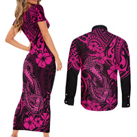 Hawaii Fish Hook Couples Matching Short Sleeve Bodycon Dress and Long Sleeve Button Shirts Hibiscus Hawaii Tribal Tattoo Pink Version LT01 - Polynesian Pride