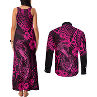 Hawaii Fish Hook Couples Matching Tank Maxi Dress and Long Sleeve Button Shirts Hibiscus Hawaii Tribal Tattoo Pink Version LT01 - Polynesian Pride