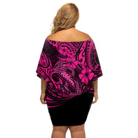 Hawaii Fish Hook Off Shoulder Short Dress Hibiscus Hawaii Tribal Tattoo Pink Version LT01 - Polynesian Pride