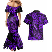 Hawaii Fish Hook Couples Matching Mermaid Dress and Hawaiian Shirt Hibiscus Hawaii Tribal Tattoo Purple Version LT01 - Polynesian Pride