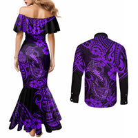 Hawaii Fish Hook Couples Matching Mermaid Dress and Long Sleeve Button Shirts Hibiscus Hawaii Tribal Tattoo Purple Version LT01 - Polynesian Pride