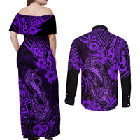 Hawaii Fish Hook Couples Matching Off Shoulder Maxi Dress and Long Sleeve Button Shirts Hibiscus Hawaii Tribal Tattoo Purple Version LT01 - Polynesian Pride