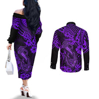 Hawaii Fish Hook Couples Matching Off The Shoulder Long Sleeve Dress and Long Sleeve Button Shirts Hibiscus Hawaii Tribal Tattoo Purple Version LT01 - Polynesian Pride