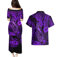 Hawaii Fish Hook Couples Matching Puletasi Dress and Hawaiian Shirt Hibiscus Hawaii Tribal Tattoo Purple Version LT01 - Polynesian Pride