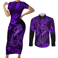 Hawaii Fish Hook Couples Matching Short Sleeve Bodycon Dress and Long Sleeve Button Shirts Hibiscus Hawaii Tribal Tattoo Purple Version LT01 Purple - Polynesian Pride