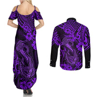 Hawaii Fish Hook Couples Matching Summer Maxi Dress and Long Sleeve Button Shirts Hibiscus Hawaii Tribal Tattoo Purple Version LT01 - Polynesian Pride