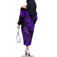 Hawaii Fish Hook Family Matching Off Shoulder Long Sleeve Dress and Hawaiian Shirt Hibiscus Hawaii Tribal Tattoo Purple Version LT01 - Polynesian Pride