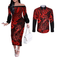 Hawaii Fish Hook Couples Matching Off The Shoulder Long Sleeve Dress and Long Sleeve Button Shirts Hibiscus Hawaii Tribal Tattoo Red Version LT01 Red - Polynesian Pride
