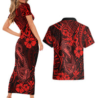 Hawaii Fish Hook Couples Matching Short Sleeve Bodycon Dress and Hawaiian Shirt Hibiscus Hawaii Tribal Tattoo Red Version LT01 - Polynesian Pride