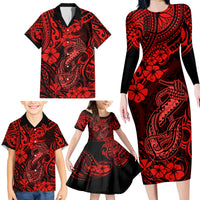 Hawaii Fish Hook Family Matching Long Sleeve Bodycon Dress and Hawaiian Shirt Hibiscus Hawaii Tribal Tattoo Red Version LT01 - Polynesian Pride