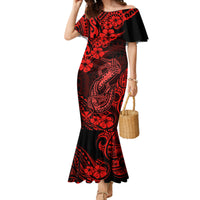Hawaii Fish Hook Family Matching Mermaid Dress and Hawaiian Shirt Hibiscus Hawaii Tribal Tattoo Red Version LT01 Mom's Dress Red - Polynesian Pride