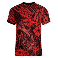 Hawaii Fish Hook Women V Neck T Shirt Hibiscus Hawaii Tribal Tattoo Red Version LT01 - Polynesian Pride