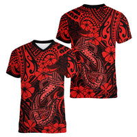 Hawaii Fish Hook Women V Neck T Shirt Hibiscus Hawaii Tribal Tattoo Red Version LT01 - Polynesian Pride