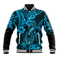 Hawaii Fish Hook Baseball Jacket Hibiscus Hawaii Tribal Tattoo Sky Blue Version LT01 Unisex Blue - Polynesian Pride